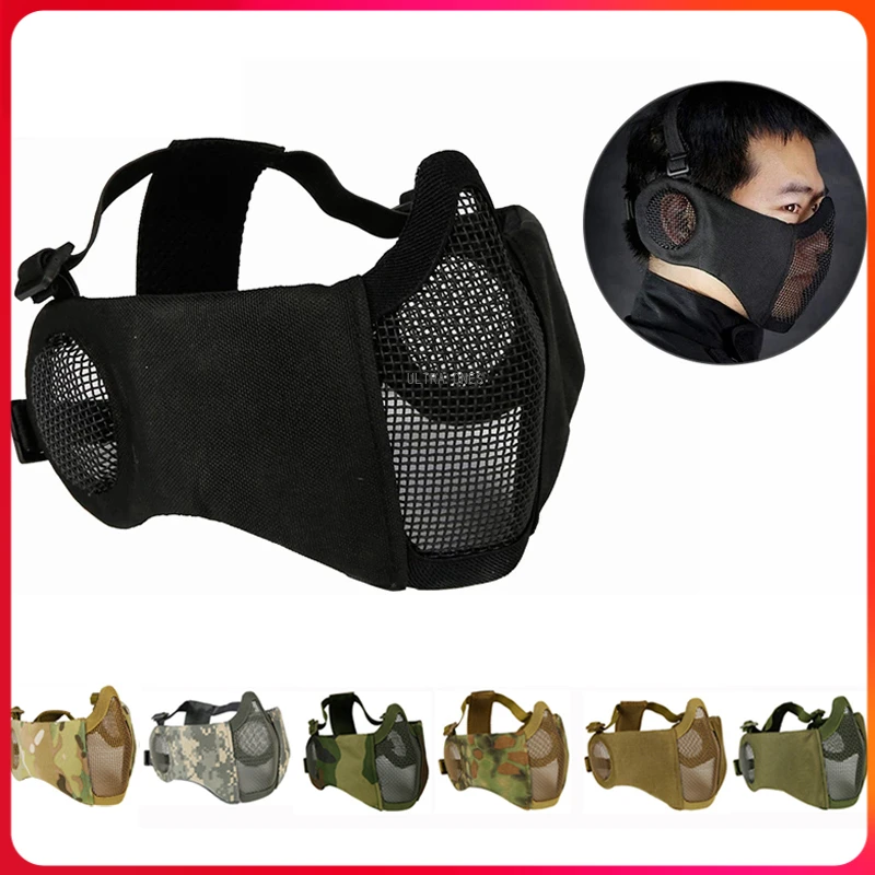 

Tactical Airsoft Mask with Ear Protection Outdoor Paintball Half Face Shooting Militar CS Game Combat Training Masks