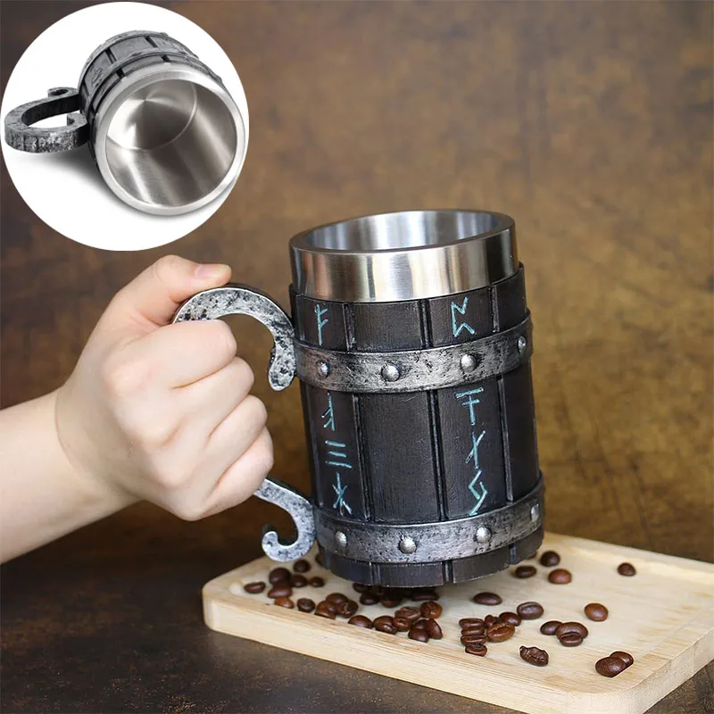 

Винтажная кружка викингов 600 мл, деревянное украшение из смолы, кружка из нержавеющей стали для пива и кофе, кружка для чая, столовая посуда для напитков, отличный подарок