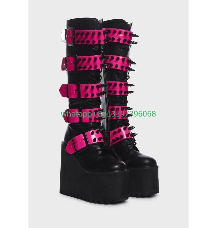 

Lady platform black fuchsia stud design knee boots buckle wedges heel dress boots punk style Y2K side zip boots footwear size 46