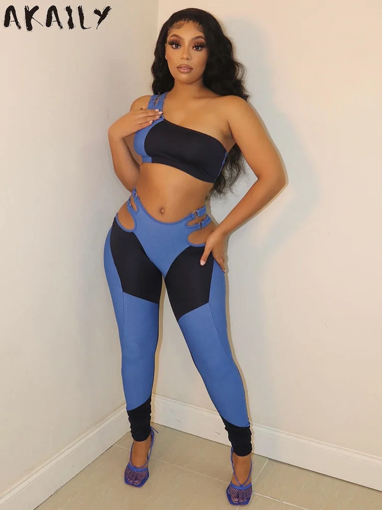 

Akaily Summer Patchwork 2 Two Piece Sets Womens Street Outfits 2022 One Shoulder Crop Top And Hollow Out Long Pants Sets Female