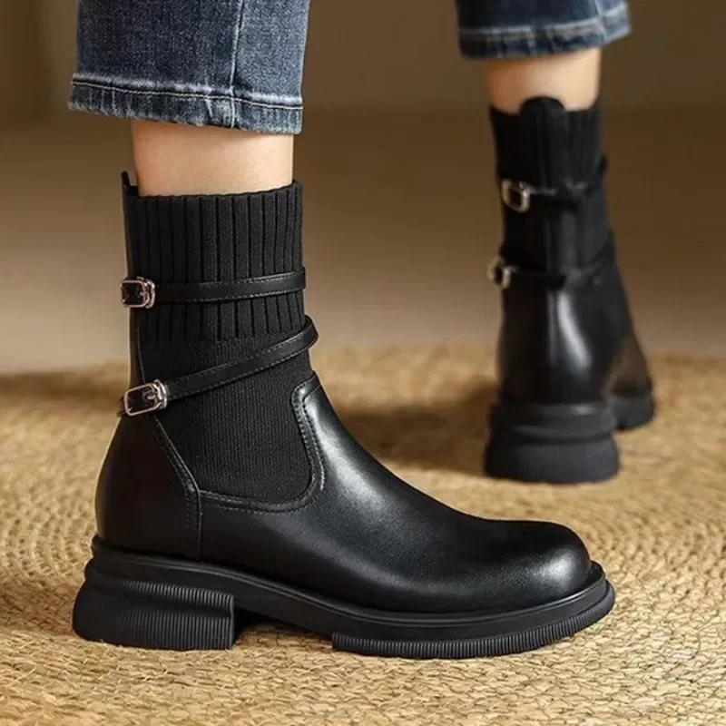 

Ankle Boots Women Shoes Autumn Winter 2024 New Fashion Belt Buckle Socks Boots Lady Thick Heels Versatile Elastic Slim Booties