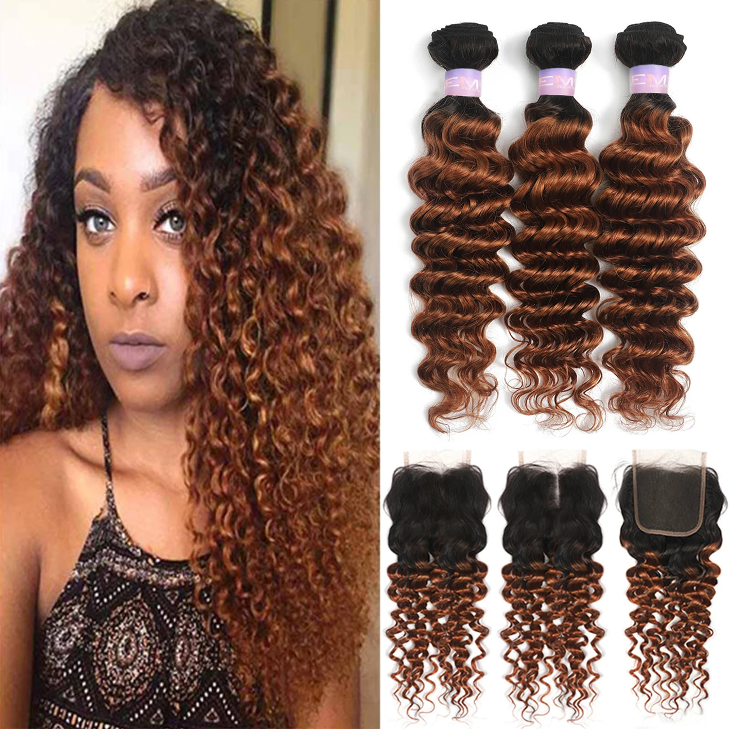 Ombre Brown Deep Wave Human Hair Bundles With Closure 4x4  Brazilian Non-Remy Colored Hair Weave Extensions 3PCS Kemy Hair