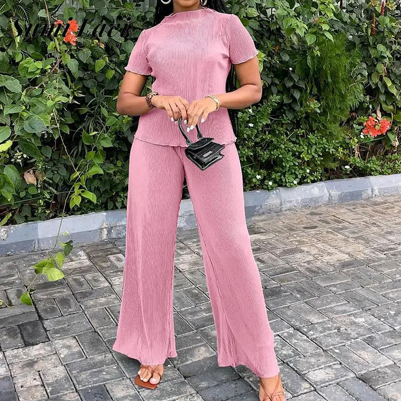 

Summer Short Sleeve Tops And Long Pants Set Solid Color Fashion Women Two Pieces Set Casual Ladies Ribbed Pleated Slim Outfits