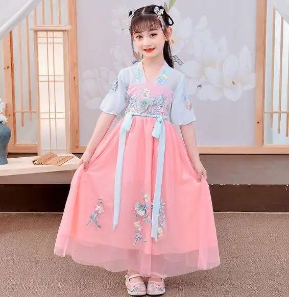 Children Fairy Dress Chinese Hanfu Ancient Summer Embroidered Girls Dance dress Kids Stage
