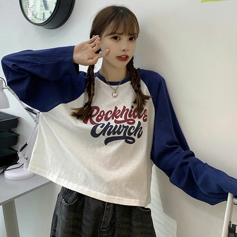 

Retro Letter T Shirt Women O Neck Long Sleeves Print Patchwork Tees Korean Fashion Female Clothes Street Wear Summer New 2022
