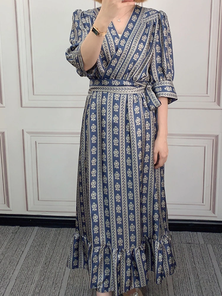 

Платье на шнуровке, новинка весны 2021, Женская Длинная юбка с рукавами-фонариками и V-образным вырезом и высокой талией в стиле ретро