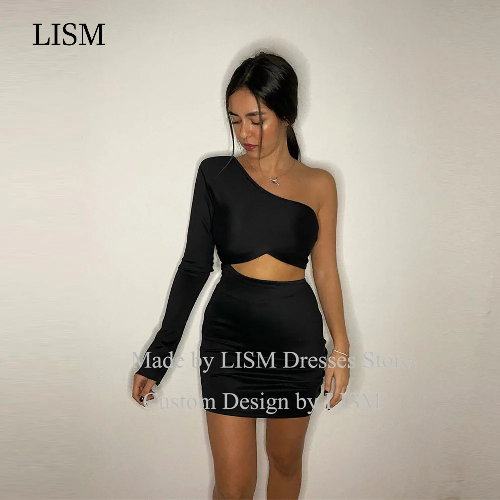 

LISM Black Special One Shoulder Short Simple Prom Gowns With Full Shoulder Above Knee Sexy Quinceanera Party Dresses Morden New