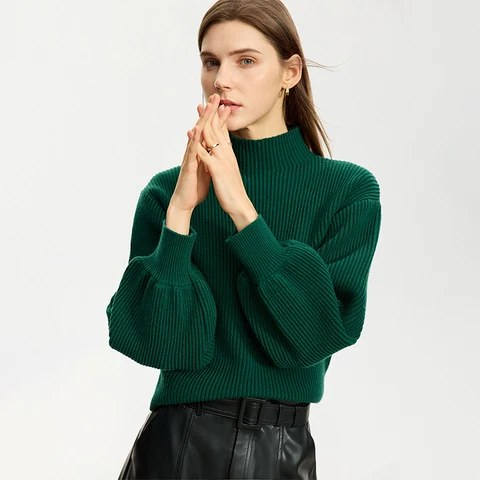 AMII минималистичный шерстяной свитер для женщин, зима 2025, новый простой свободный топ с воротником-фонариком, пуловеры с рукавами-фонариками, базовый топ 12324045