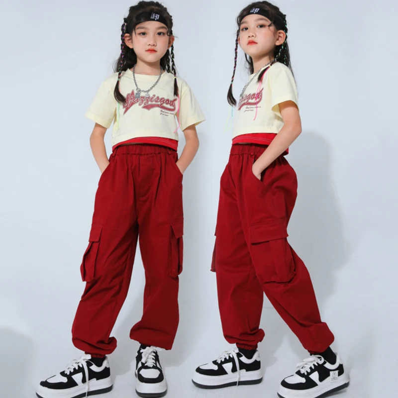 

Ballroom Hip Hop Dance Costumes For Kids Crop Tops Red Cargo Pants Suit Children Jazz Modern Dance Clothes Stage Wear DQS13549