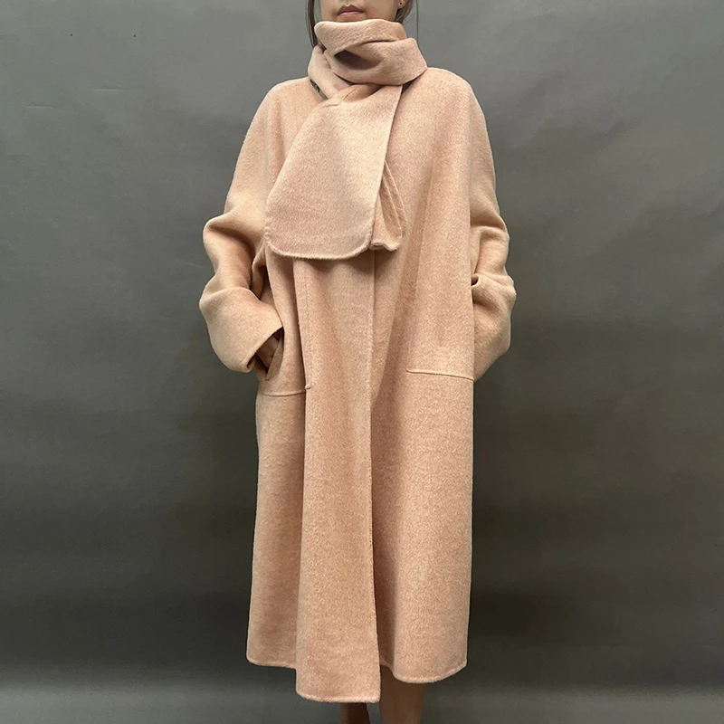 

Mid Long Coats Women Handmade Loose Woolen Jackets Warm Wool Blends Outerwear Elegant Solid Cardigan Oversize Outwear With Scarf