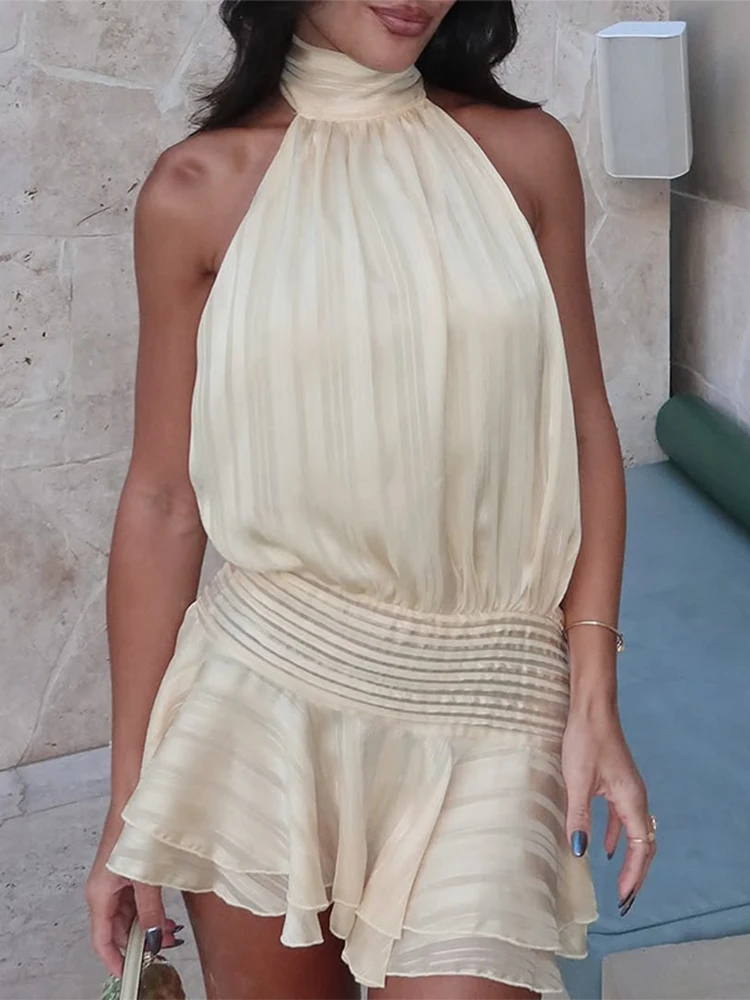 Элегантное однотонное женское шифоновое мини-платье с лямкой на шее модное