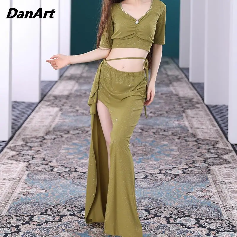 Костюм для танца живота сексуальный топ с короткими рукавами + юбка разрезом 2