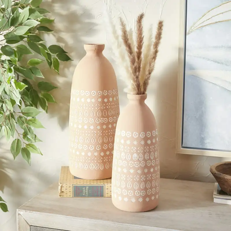 

12"H Handmade Pink Ceramic Vase with Star Patterns, Set of 2