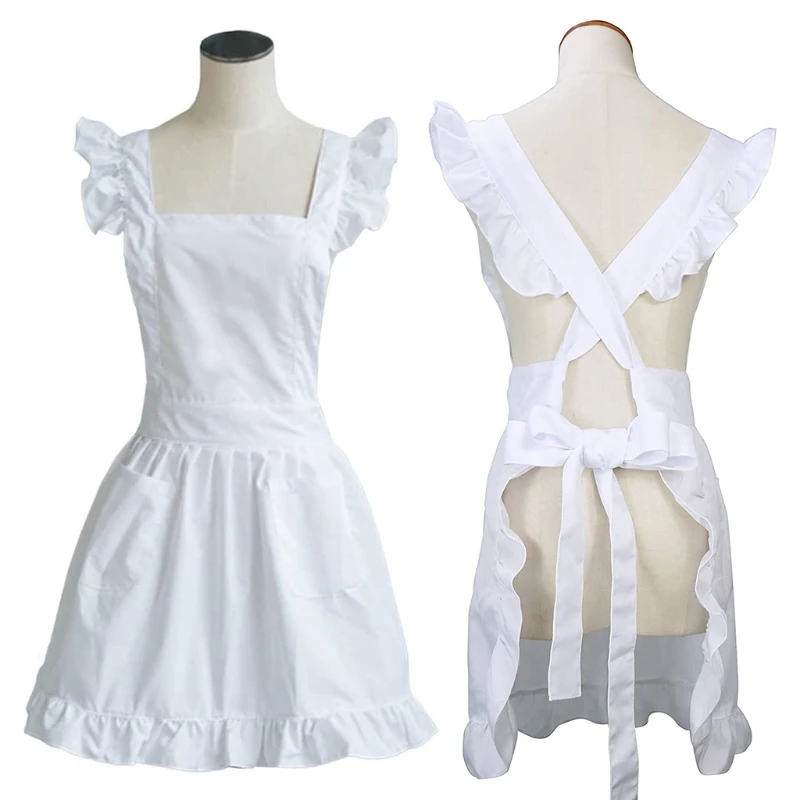 

Womens Girls Outline Retro White Apron Adjustable Victorian Bib Maid Cosplay Kitchen Cake Baking Cooking Cleaning with