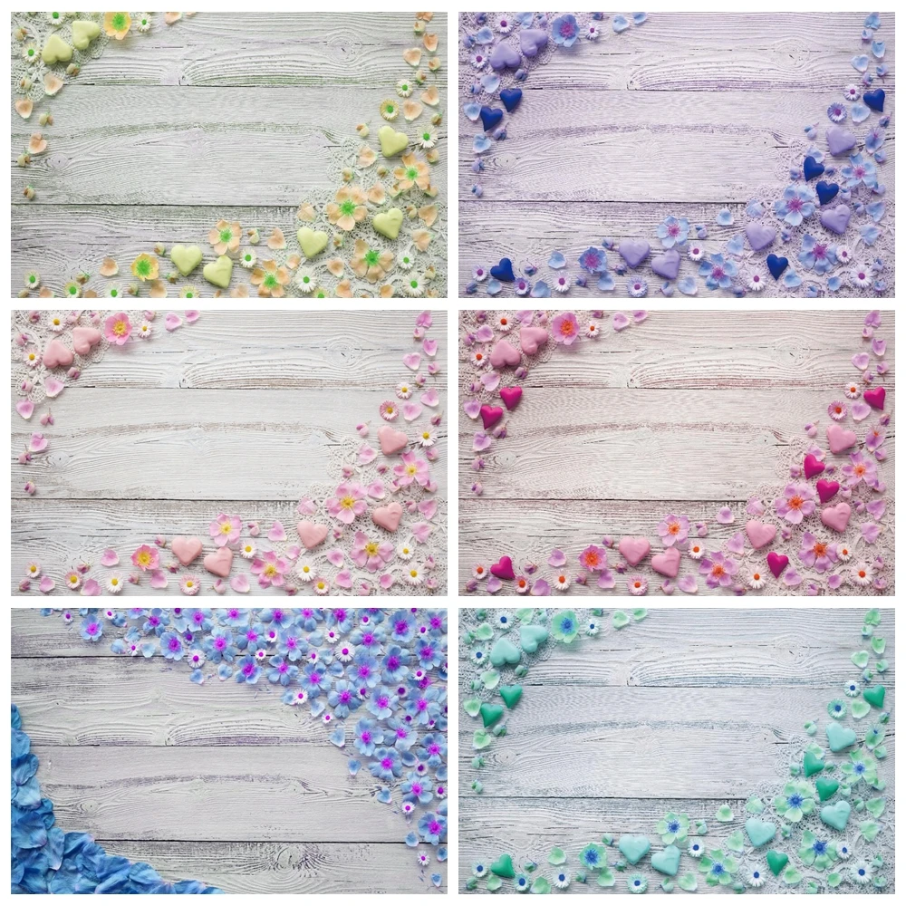 Фоны Laeacco для фотосъемки с изображением деревянной доски сердец цветов домашних