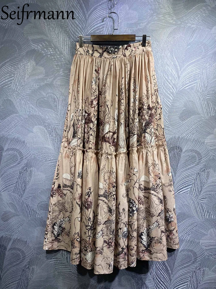 

Seifrmann High Quality Spring Summer Women Fashion Runway Midi Skirts High Waist Vintage Print Ruffles Trim Cotton A-Line Skirts