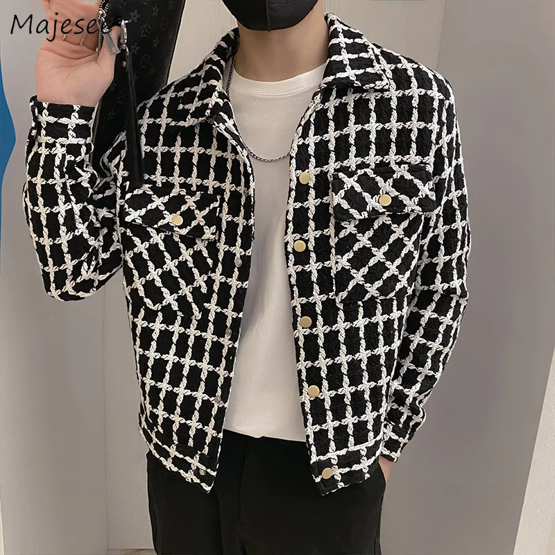 Jackets Men Spring Fashion Pocket Plaid Handsome Outwear Coats Korean Style Cropped Simple Harajuku All-match Daily Plus Size