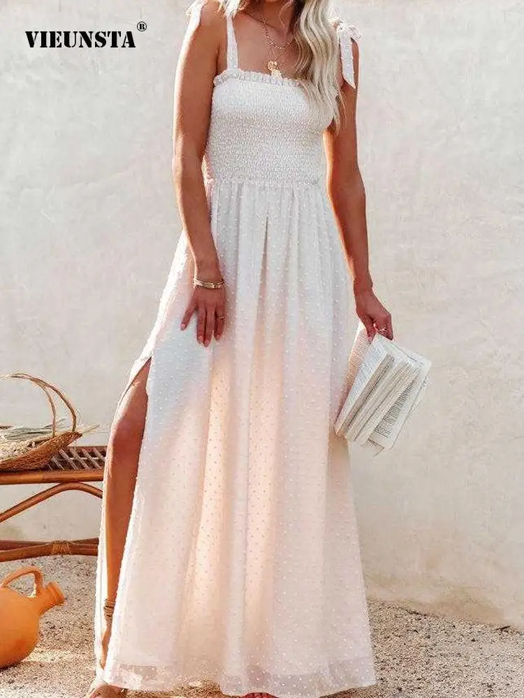 

2022 Spring Summer New Beach Party Dress Vintage Solid Color Slit Party Women Dress Fashion Slim Waist Jacquard Suspender Dress