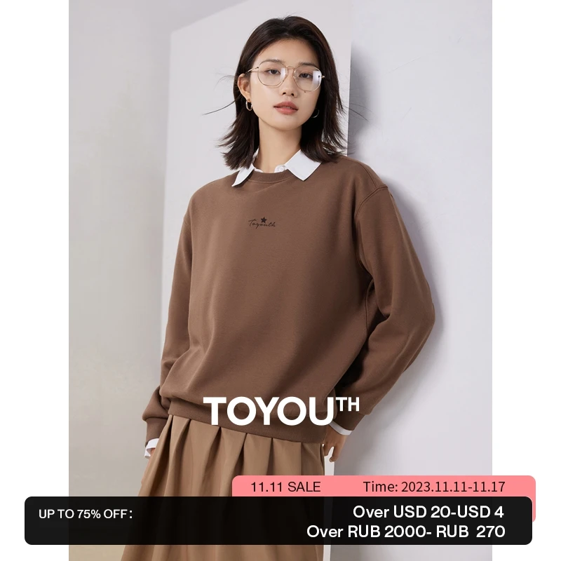 

Toyouth Women Sweatshirt 2023 Winter Long Sleeve O Neck Loose Hoodies Fun Geometric Printing Casual Versatile Coffee Beige Tops