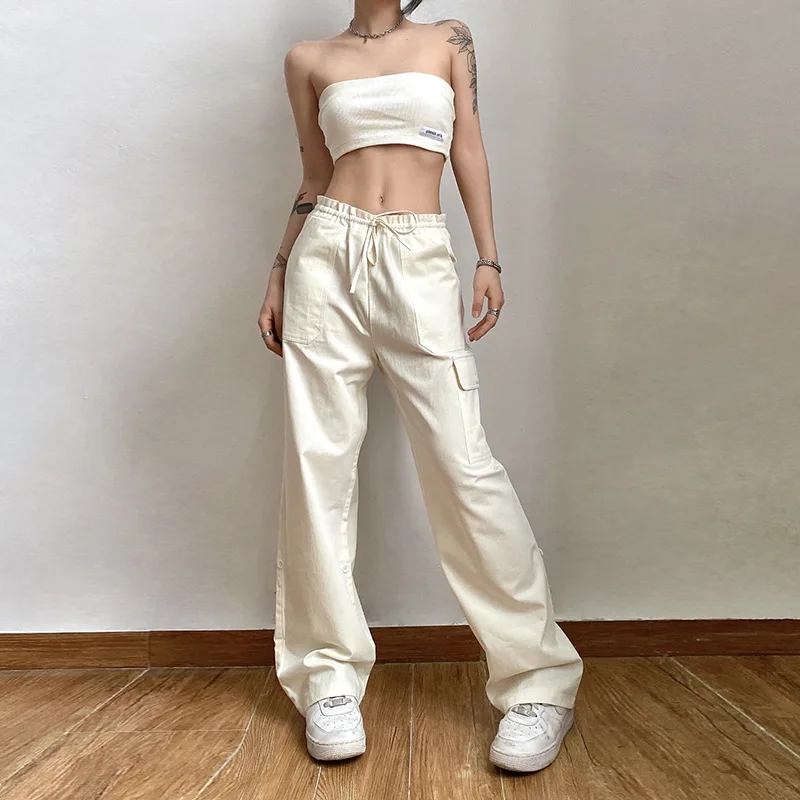 

Summer New Women Pants Y2k Streetwear Hip-hop Style Wide-leg Trousers Solid Color Low-waist Casual Straight-leg Sweatpants