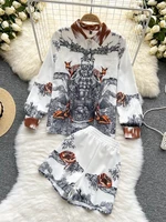 runway 2 piece sets womens outfits summer long sleeve vintage animal print blouse tops and elastic waist short sets s3990
