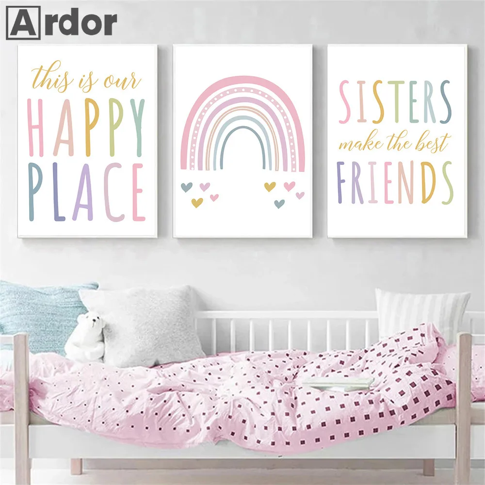 

Nursery Art Canvas Painting Friends Prints Rainbow Poster Sisters Print Letters Posters Nordic Wall Pictures Girls Room Decor