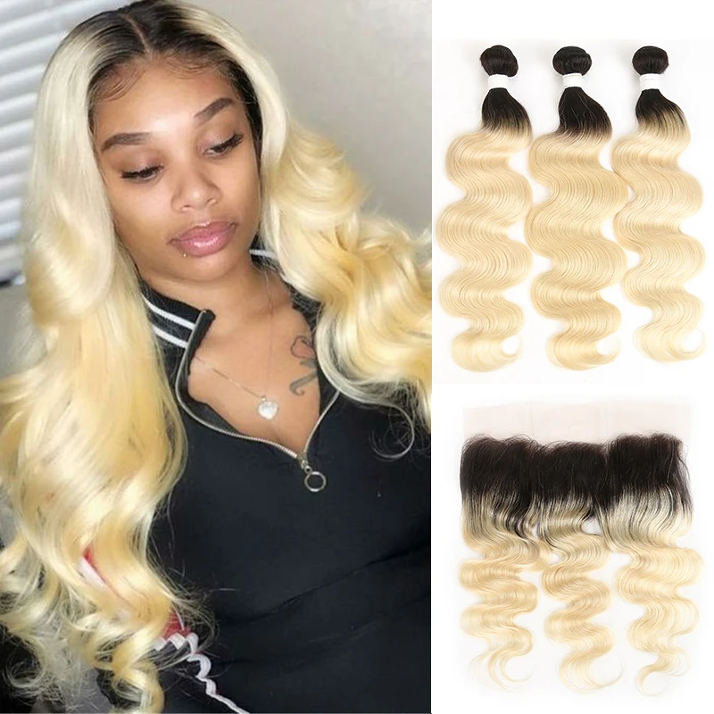 

T1B/613 Ombre Blonde Body Wave Bundles With Frontal 13x4 SOKU Brazilian Remy Human Hair Weave Bundles 3 Bundles With Closure