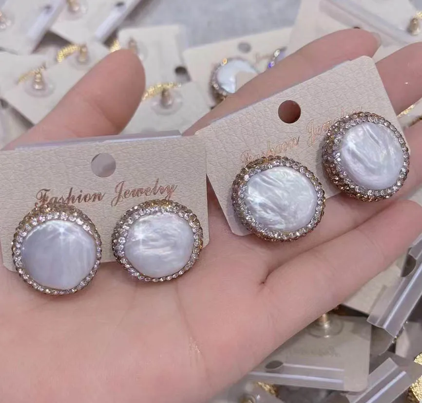 

1pair Gold Plated Rhinestone Paved Natural Freshwater Baroque Pearls Stud Earrings Post for Women Girls Bridal