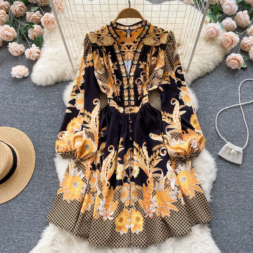 

Retro Palace A-line Dress Women's New Fashion Spring Autumn Slim V-neck Long Sleeve Printed Elegant Party Clothes Vestidos G876