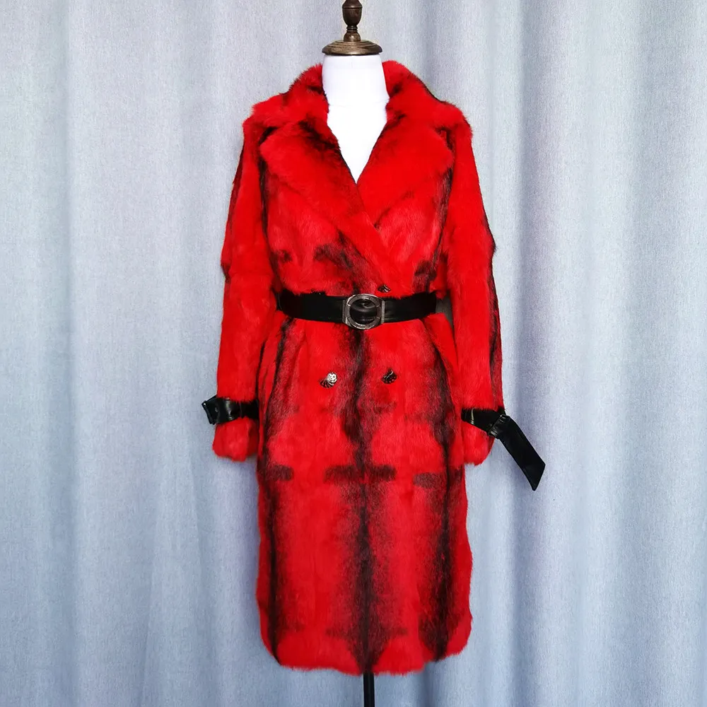 Winter Women Real Rabbit Fur Coat Long Natural Rabbit Fur Jacket Turn-down Collar Thick Warm Streetwear Ladies Overcoat Belt New