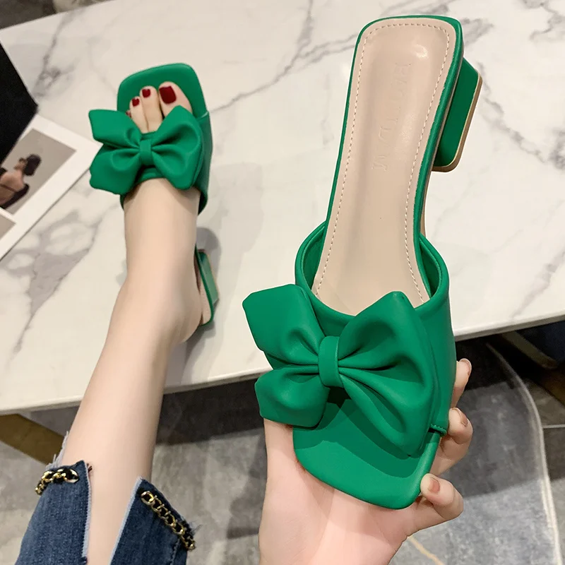 

Мюли женские на квадратном каблуке, модные сандалии с открытым носком, без задника, с бантом-бабочкой, однотонные, лето 2023