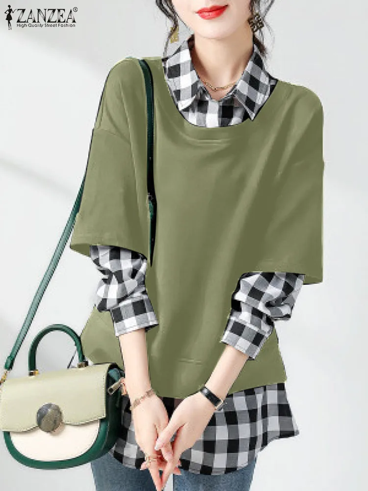 

ZANZEA Contrast Color Tops Autumn Grid Printed Blouse Women Full Sleeve Lapel Shirt Elegant Casual Holiday Office OL Bluas 2023