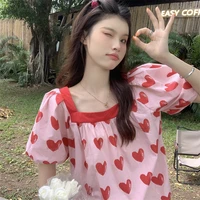 kawaii korean womens summer top pink love print sweet lantern short sleeve cute womens t shirt oversized t shirt 2022 new