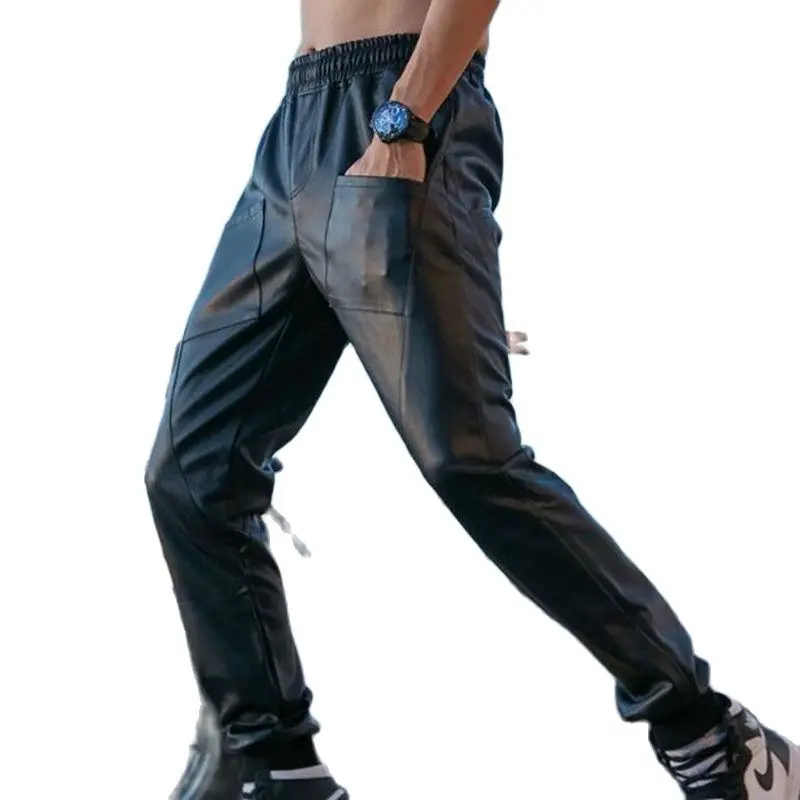

Мужские кожаные брюки-карго, мужские мешковатые брюки, мужские повседневные брюки из искусственной кожи, мужские брюки