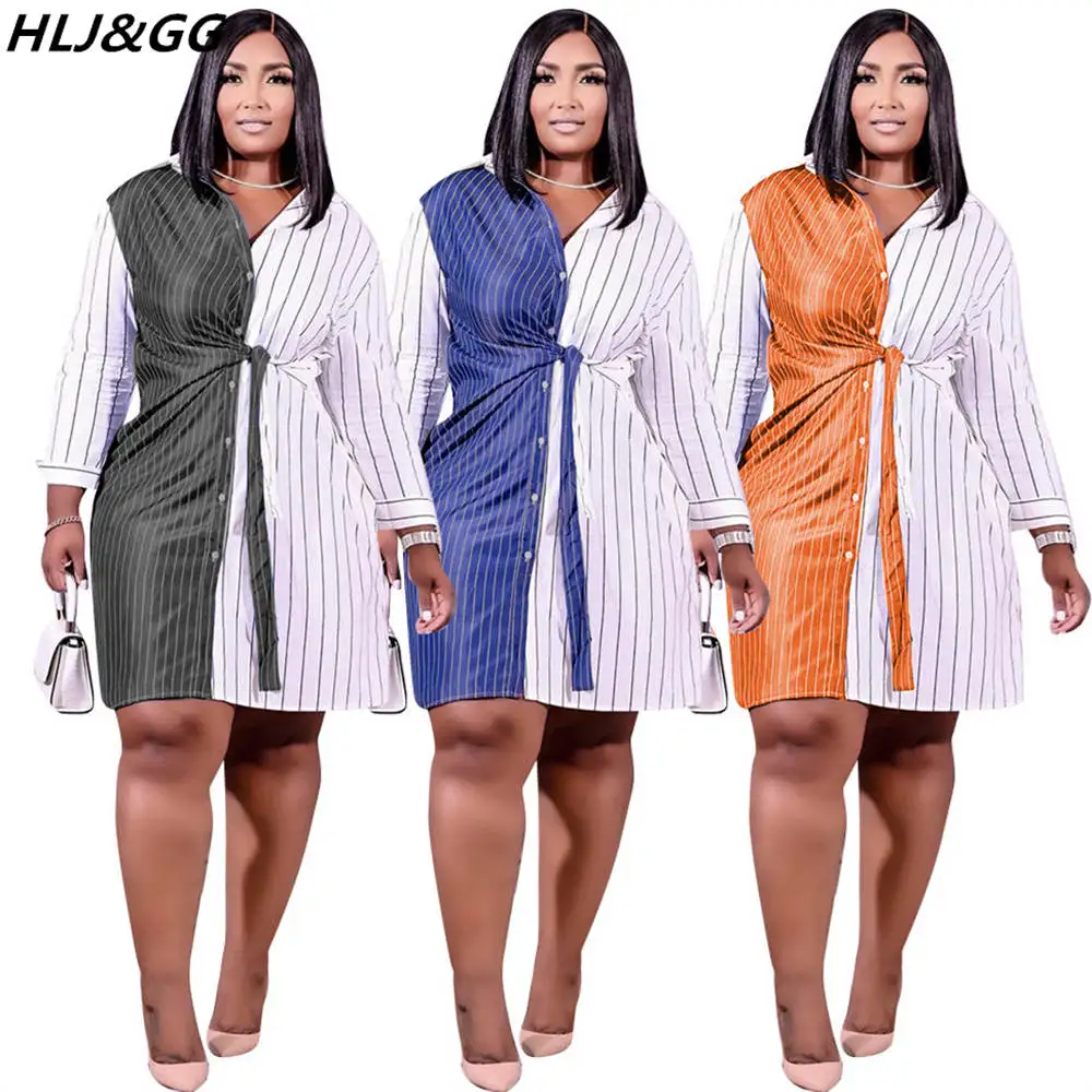 

HLJ&GG Elegant Lady Stripe Splicing Print Mini Dresses Women Turndown Collar Long Sleeve Shirt Dress Fashion OL Lace Up Vestidos