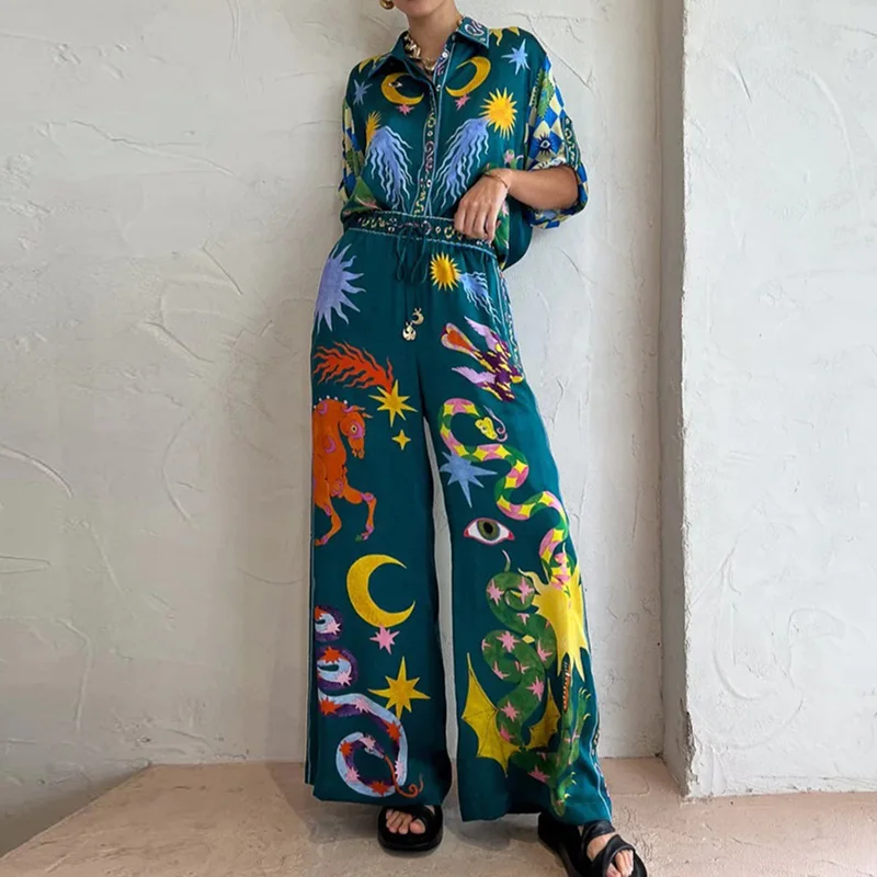 

Spring Summer Fashion Printing Two Piece Sets Lady Lapel Button Up Shirt and Long Pants Bohemian Suits Casual Sleepwear Outfits