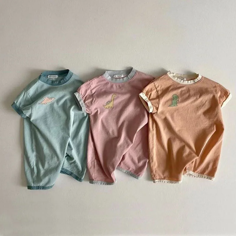 

RiniKinda Baby Korean Style Rompers Boys And Girls Cartoon Print O Neck Pullover Short-Sleeved Summer Casual Cotton Bodysuits