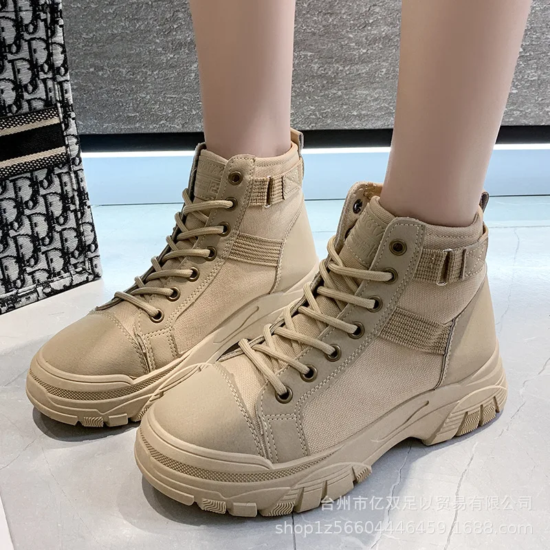 Autumn 2022 New Boots Women Wedges Thick-soled Canvas Women's Shoes High Top Lace Up Round Toe Ankle Boot Botas De Mujer