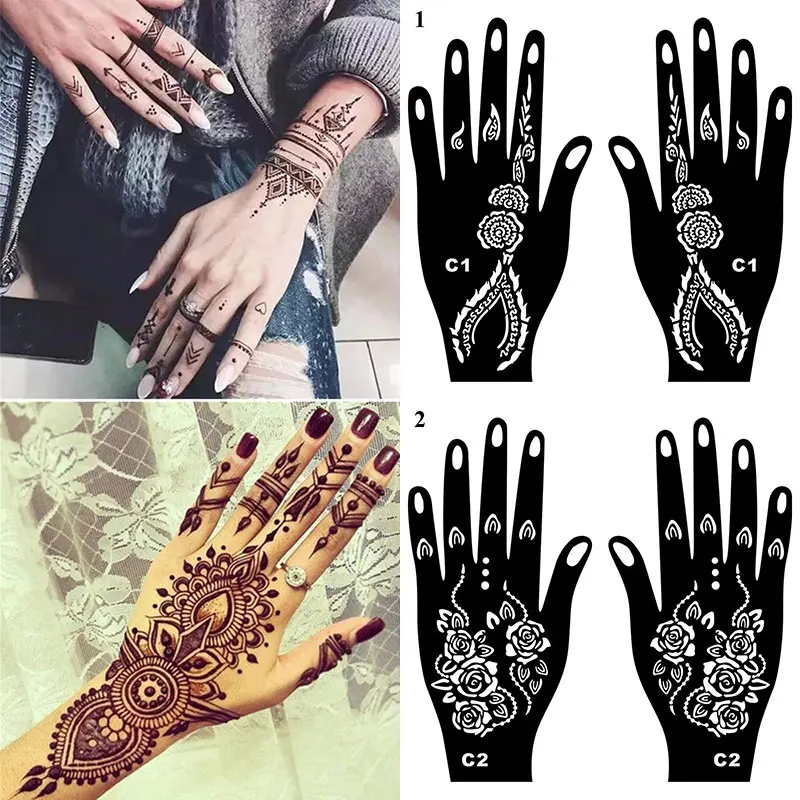 

1 Pair Henna Tattoo Stencil Kit For Women Temporary Body Art Indian Mehndi Self Adhesive Tattoo Templates For Hand Painting
