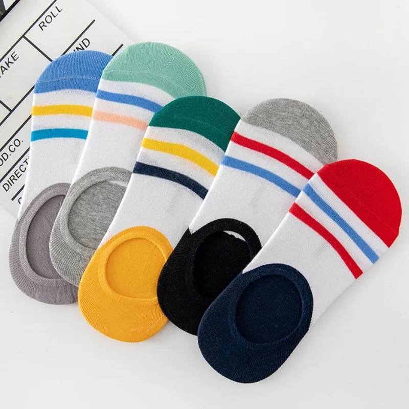 5 Pairs Men Cotton Short Socks Breathable Retro Striped Casual Sports Boat Socks Summer Non-Slip Low-Cut Invisible Ankle Socks