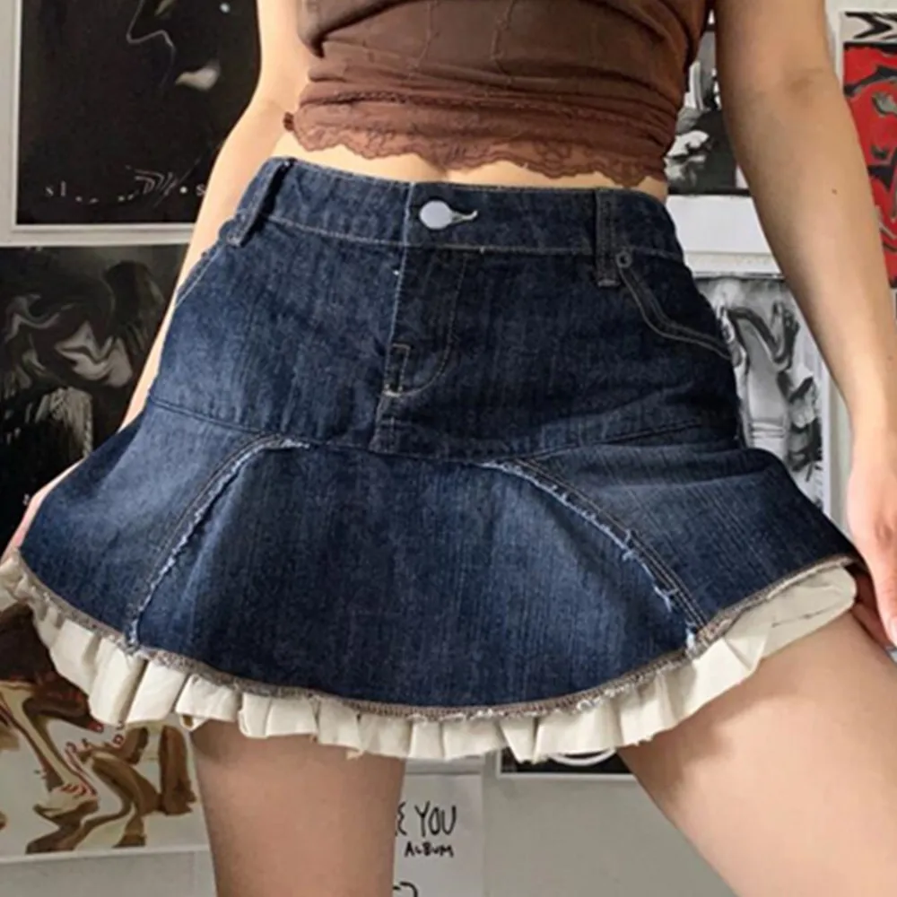 

Women's High-Waisted Blue Denim Skirt Ruffled Stitching Jean Skirt Y2k Casual Streetwear Vintage 90s Egirl Summer Women Skirts