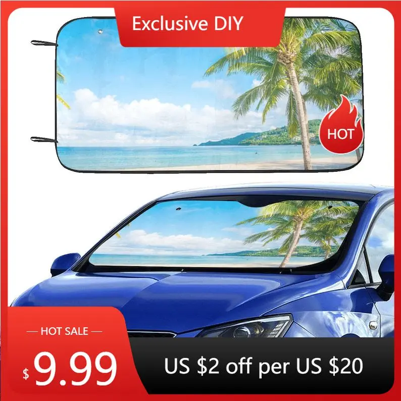 

Солнцезащитный козырек для лобового стекла, тропический пляжный козырек, аксессуары для автомобиля, защитный козырек для экрана, декор 55 дюймов x 29 дюймов
