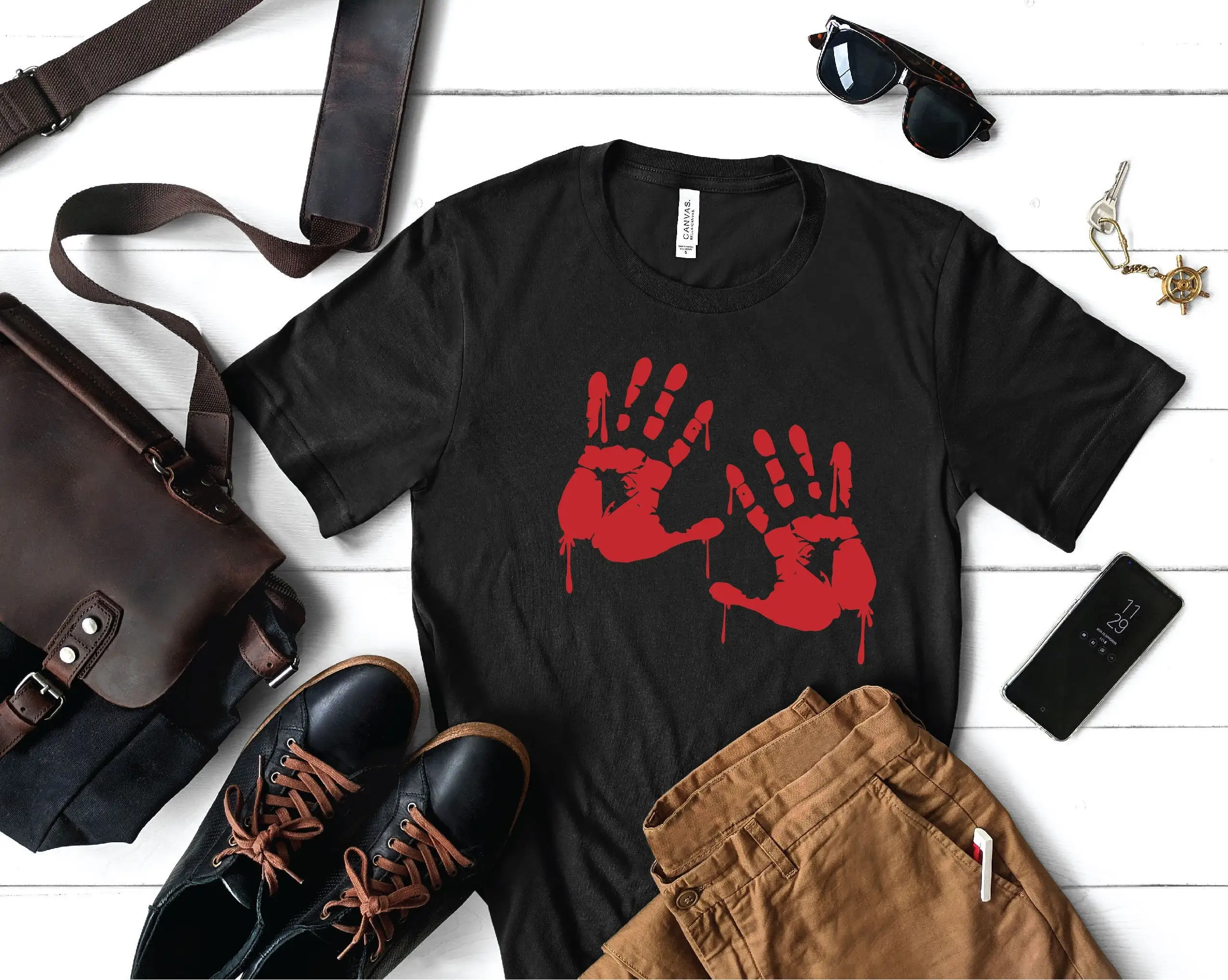 Кровавые руки футболка Хэллоуин страшная ручная печать для фотографий