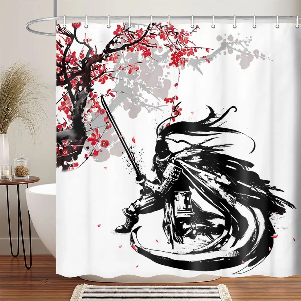 

Grey Black and White Warrior Silhouettes Shower Curtains with Hooks Washable Fabric Warrior Darth Vade Bathroom Set Bath Decor