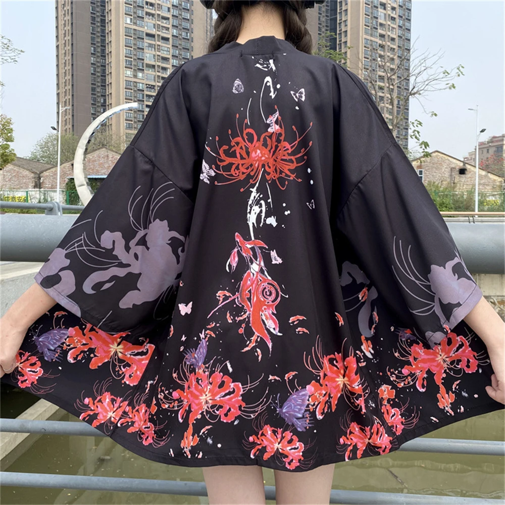 

Japanese Yukata Sunscreen Cardigan Shirt Women Asian Clothes Kimono Women Traditional Black Floral Print Kimono Haori
