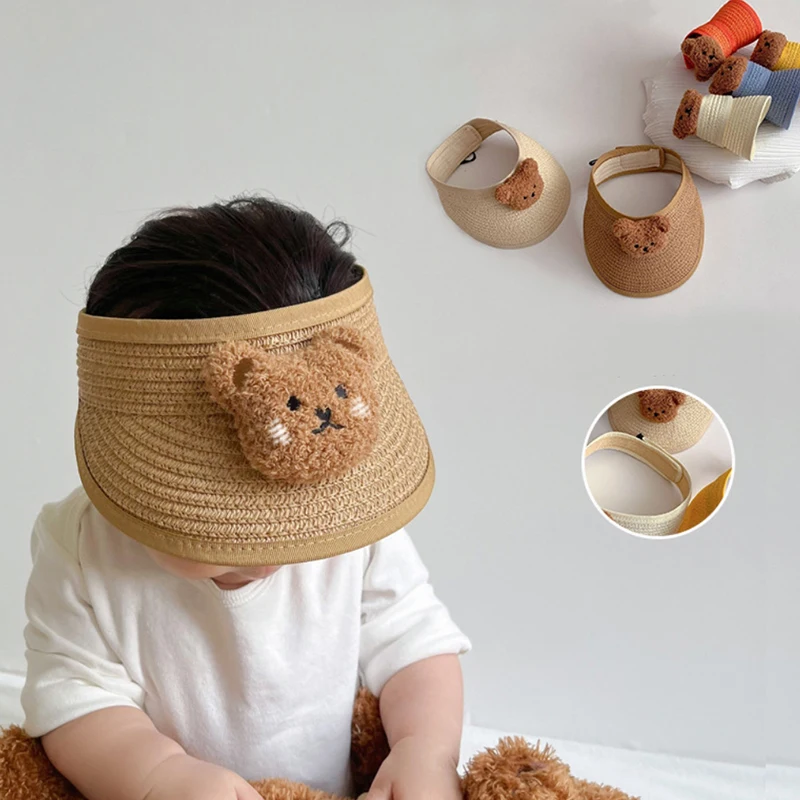 

Cute Cartoon Panama Straw Empty Top for Baby Boys Girls Summer Hat Sun Protection Outdoor Sports Vacation Beach Cap