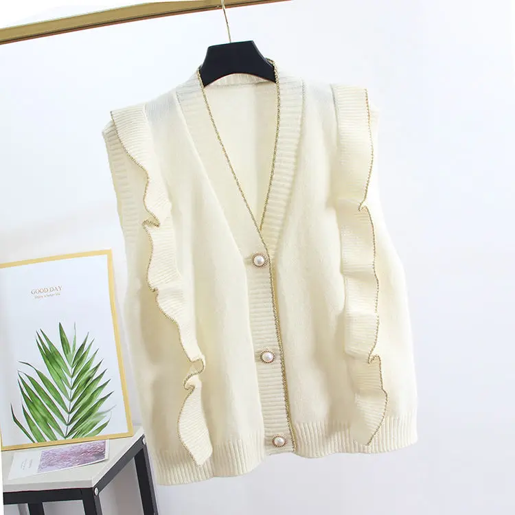 

Korean Style Chic V Neck Knitted Vest Women Ruffles Patchwork Elegant Sweet Autumn Sweater Waistcoat Women Loose Casual Q76