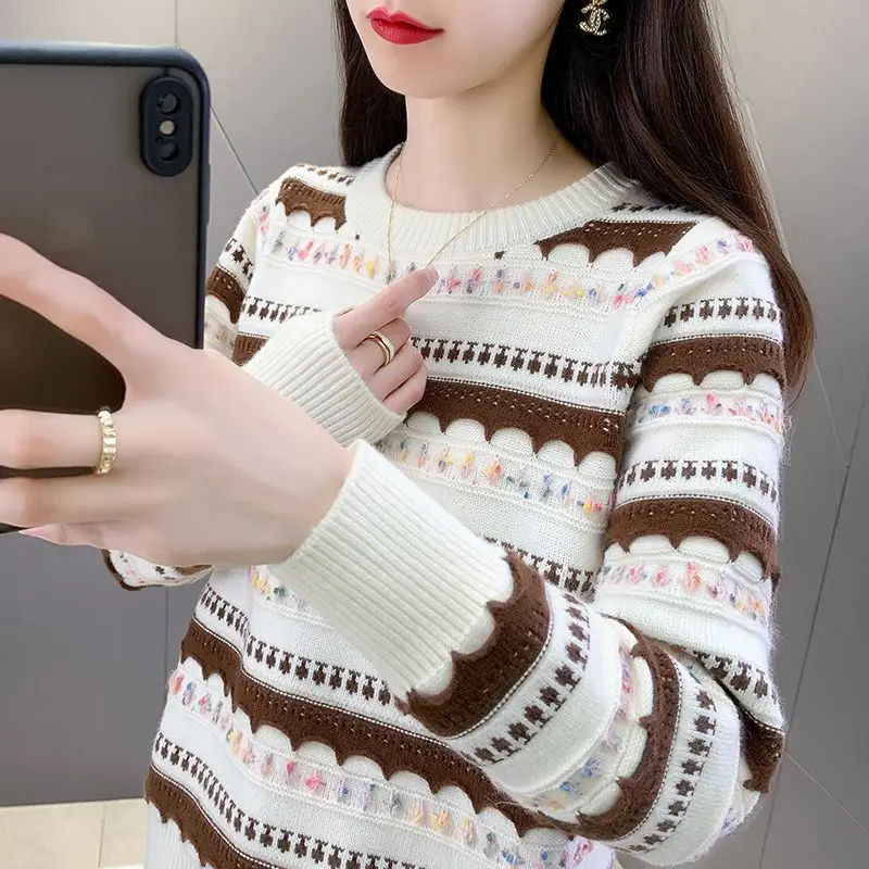 

Женский свободный вязаный свитер в полоску, классический теплый Топ с длинным рукавом и круглым вырезом, универсальный, X61, на осень и зиму