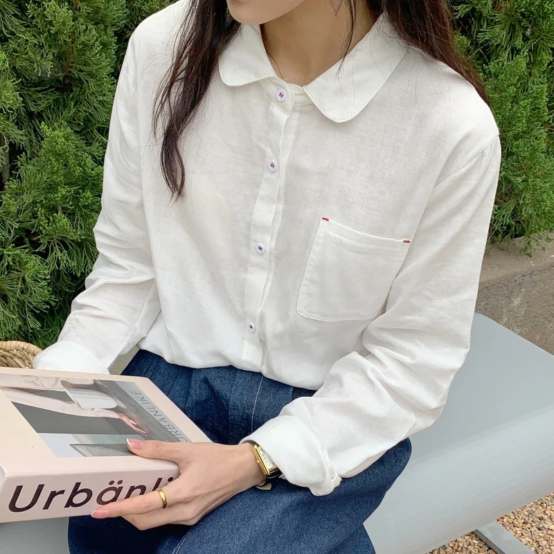 

M L Solid Color Shirt Bottoming Shirt Women Lapel Loose Casual Korean Version Solid Color Shirt Ladies Long Sleeve Top A188