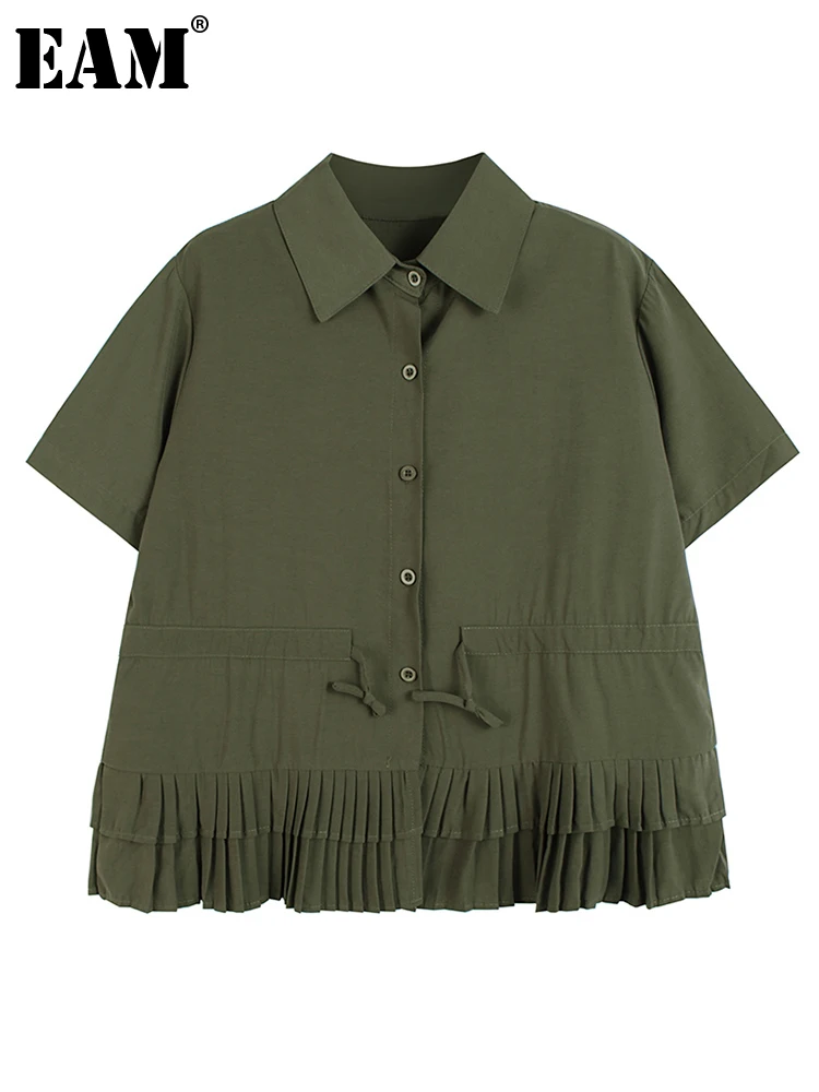 

[EAM] Women Green Pleated Casual Big Size Blouse New Lapel Short Sleeve Loose Fit Shirt Fashion Tide Spring Summer 2022 1DE8101